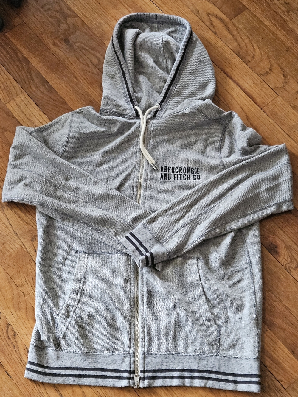 Abercrombie & Fitch Light Gray Hooded Zip-Up Sweater with Stripe Trim